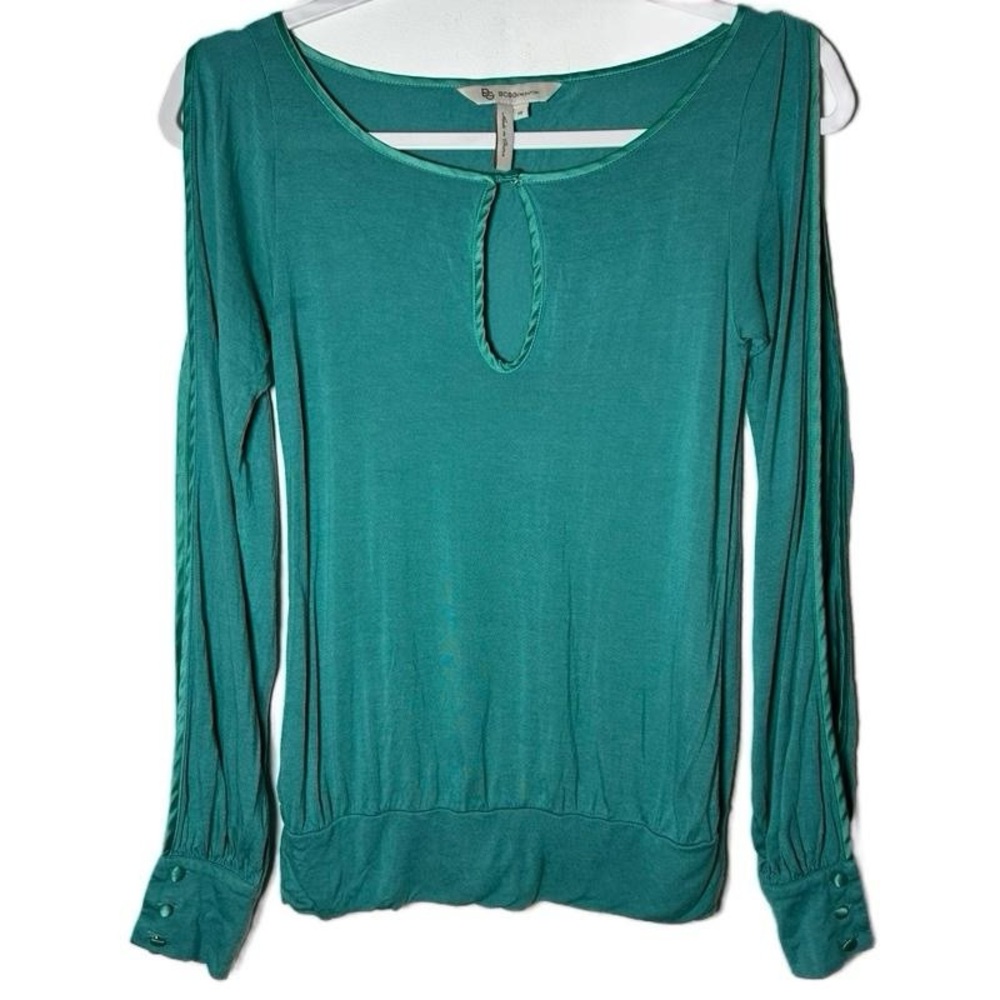 BCBGeneration Teal Cold‎ Shoulder Keyhole Blouson Blouse Long Sleeve Top XS